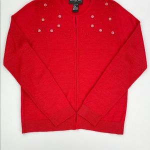 August Silk Size L Red Women's Long Sleeve Bead Pearl Detail Cardigan Sweater
